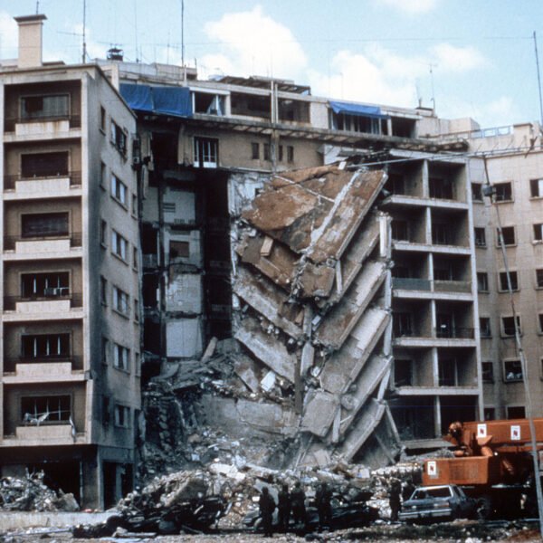 A view of damages to the U.S. Embassy caused by a terriorist bomb attack.  Marines are here participating as members of a multinational peacekeeping force.